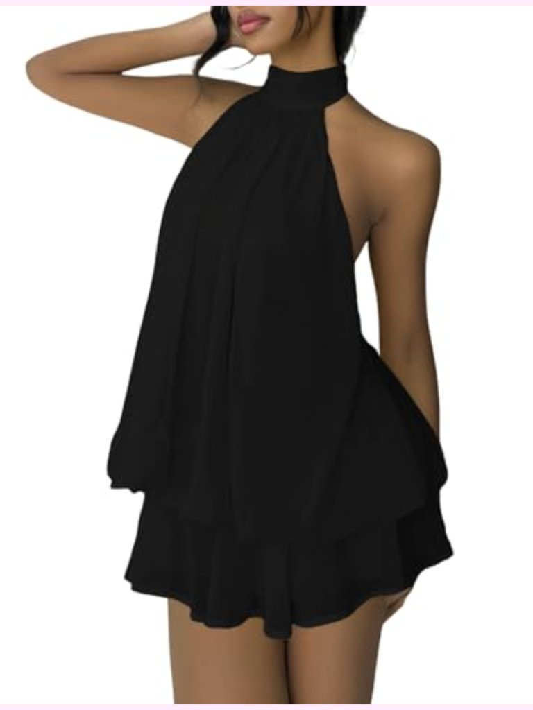 Chiffon Halter Cocktail Mini Dress With Ruffle Hem